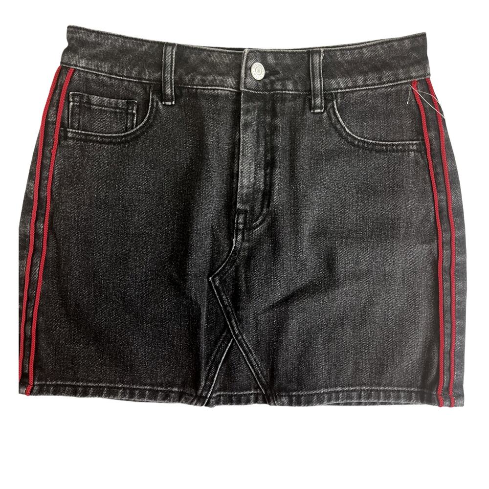 Pacsun Black Denim Red Tuxedo Stripe Mini Jean Skirt High Rise Dark Wash Size 26